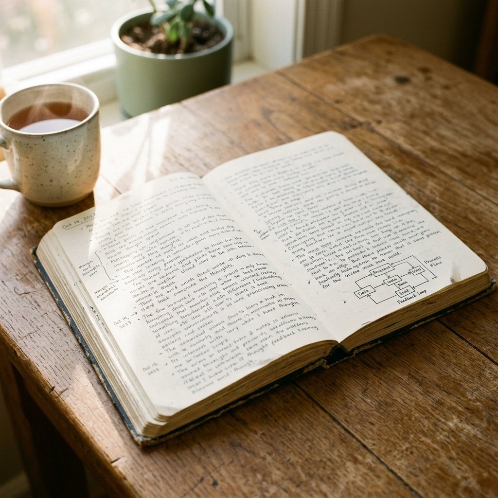 Open health journal on a wooden table with a cup of green tea and morning light through a window