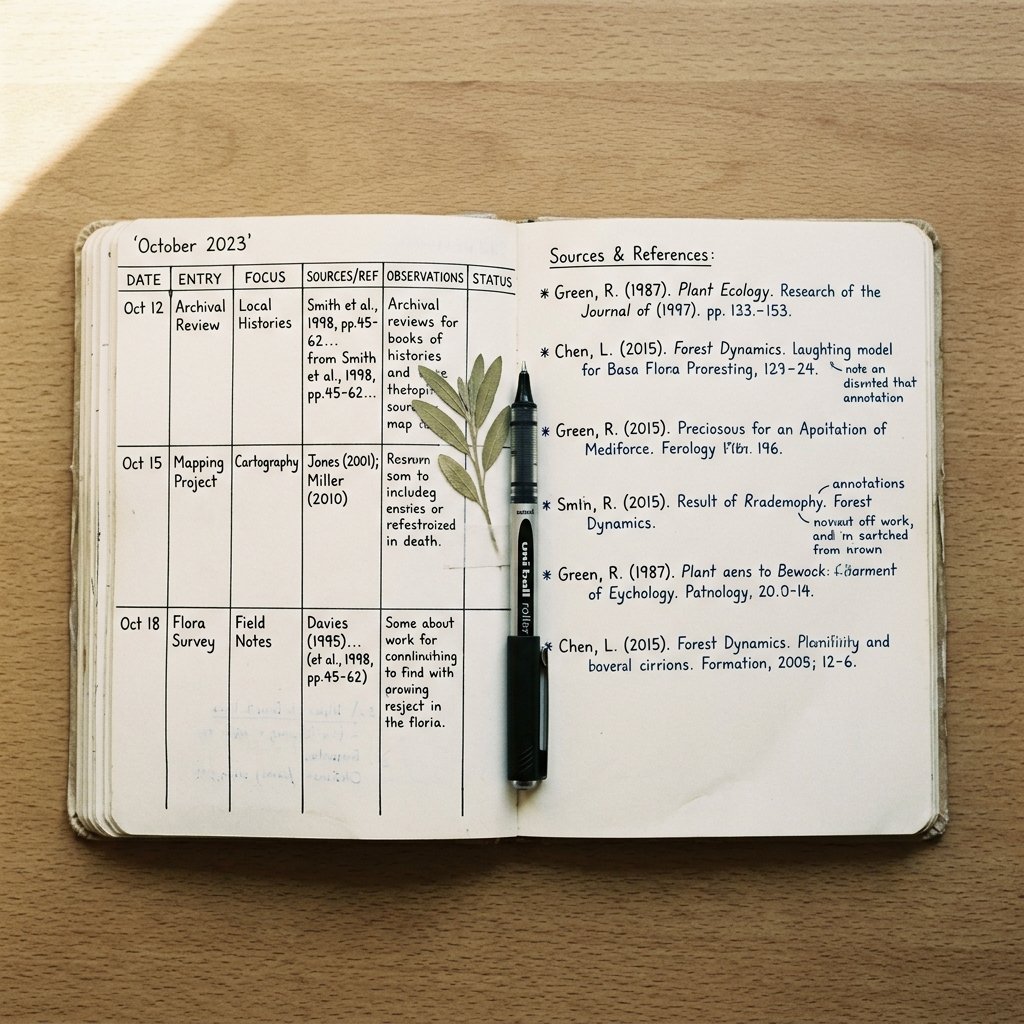 Open handwritten journal with margin notes, a green leaf resting on the page