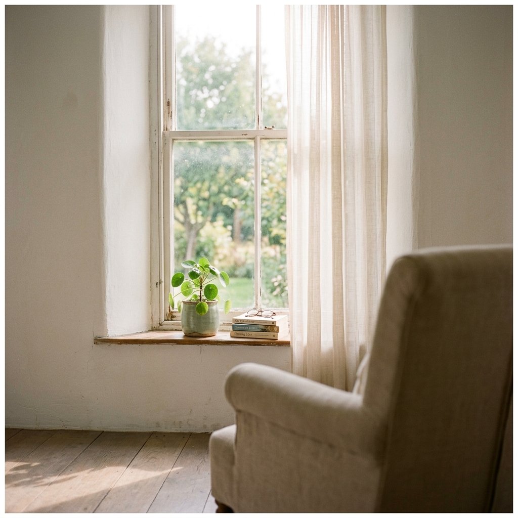 Morning light through a tall window, a reading chair partially visible in shadow